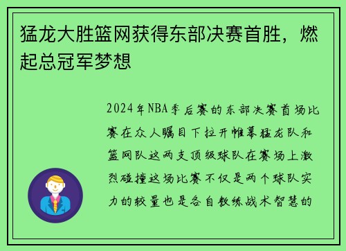 猛龙大胜篮网获得东部决赛首胜，燃起总冠军梦想